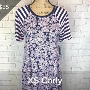Navy & Pink Flowers Carly Swing Dress by LuLaRoe with Striped Sleeves - Size XS